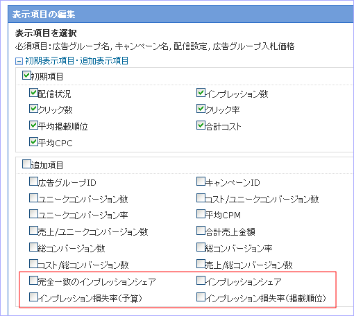 広告グループ一覧画面の「表示項目の編集」