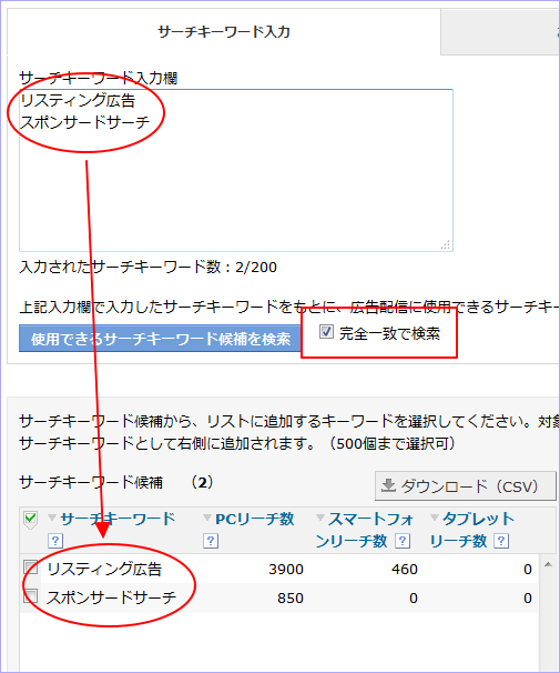 サーチターゲティング　候補キーワードの完全一致検索